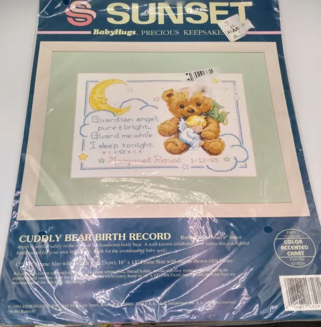 Vtg Open Sunset Baby Hugs Counted Cross Stitch Cuddly Bear Birth Record 13591