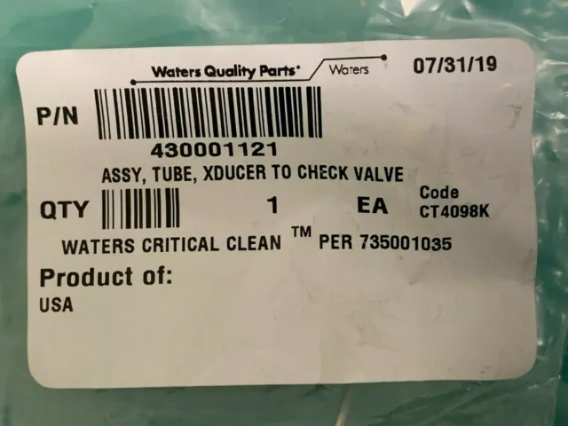 Waters Assy Tube Xduucer To Check Valve P/N 430001121