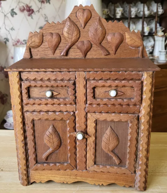 Antique Folk Art, Tramp Art Little Cupboard Cabinet