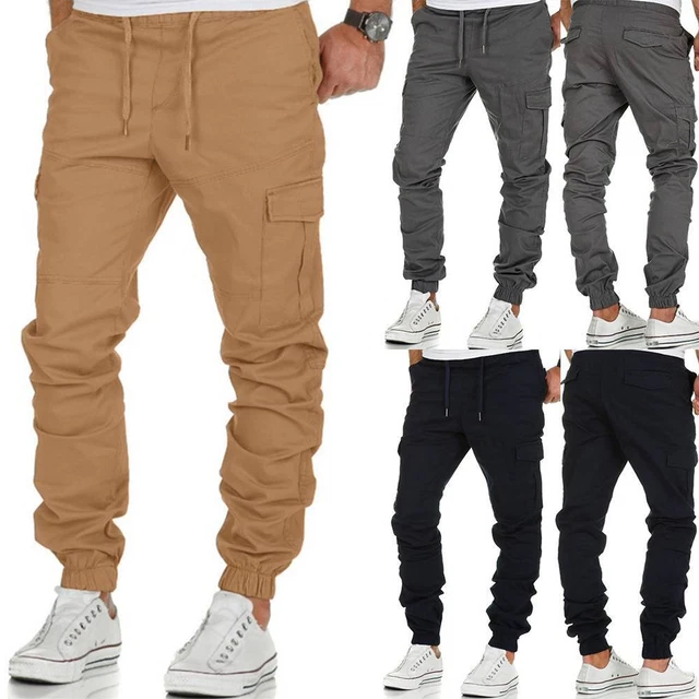 Mens Elasticated Waist Cargo Combat Work Trousers Pocket Cuffed Joggers Pants US