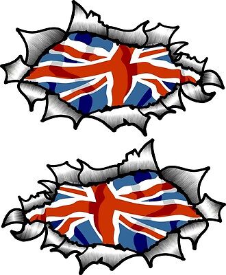 Small Pair Oval Ripped Torn Metal With British Union Jack Flag vinyl car sticker
