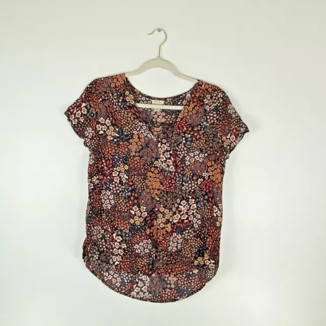 Hinge Womens Small Blouse Boho Brown Black Floral V Neck High Low Hem Fall