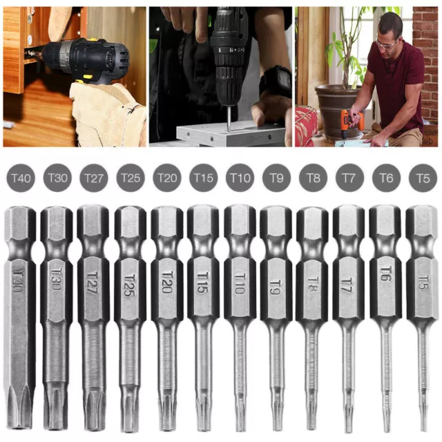 12Pcs 50mm 1/4 Inch Hex Shank T5-T40 Torx Head Screw Driver Bits Set Kit Tools