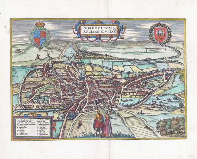 1581 NORDOVICUM ANGLIAE CIVITAS Vogelperspektive NORWICH Norfolk Braun Hogenberg
