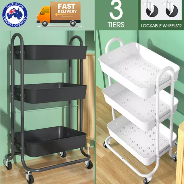 3 Tier Kitchen Bathroom Trolley Cart Steel Storage Rack Shelf Organizer Wheels 2