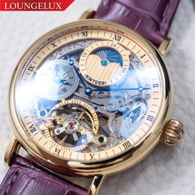Mens Gold Dual Time Skeleton Automatic Mechanical Watch Purple Leather