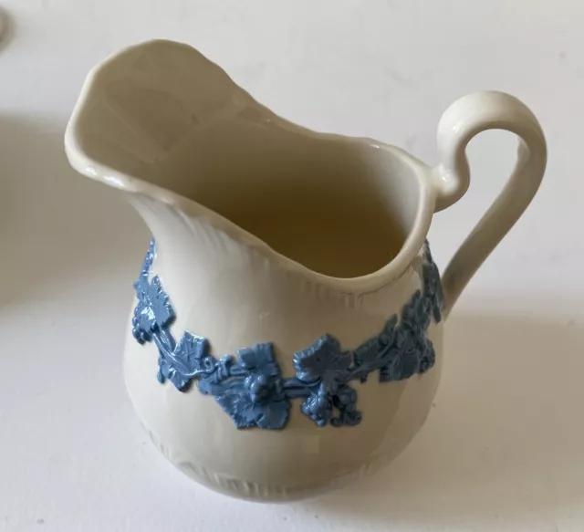 Vintage Wedgwood Etruria & Barlaston Embossed Queens Ware Blue On White Creamer