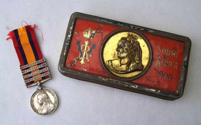 Boer War Qsa 4 Clasp Queens South Africa Medal Suffolk Regiment + 1900 Choc' Tin