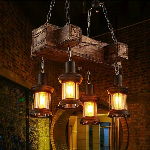 LED Rustic Chandelier Pendant Lighting Fixture Wooden Ceiling Light Hanging Lamp