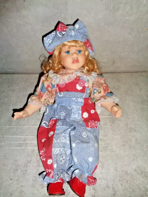 Blond Curley Hair 16" Porcelain Doll In Overalls And Bonnet