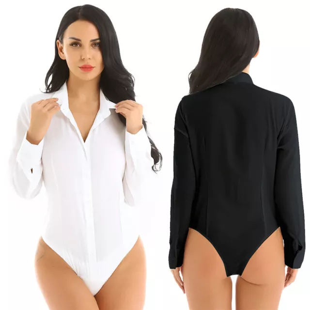 Womens One-Piece Bodysuit Shirt Turn-down Collar Long Sleeve Button Down Tops