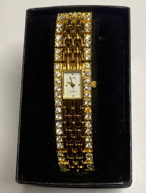 Kenneth Jay Lane KJL Watch Gold Tone Bracelet Double Row Crystal Accents NEW QVC