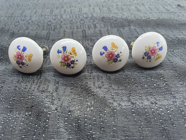 Set (4) Vintage Porcelain Flower Dresser Pulls Knobs Antique Drawer Cabinet
