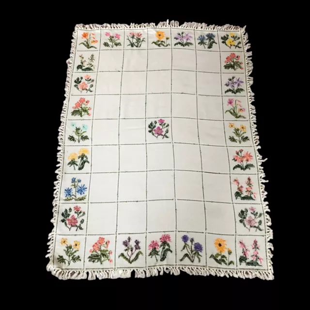 Vintage Fringed Handmade Tablecloth Cross Stitch Floral 51” by 38”