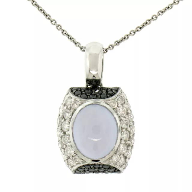 14K or Blanc 4.31ct Ovale Calcédoine Blanc & Noir Diamant 16 " Pendentif Collier