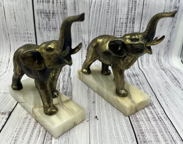 Brass Elephant Statue On Marble Base Book Ends - Lot Of 2