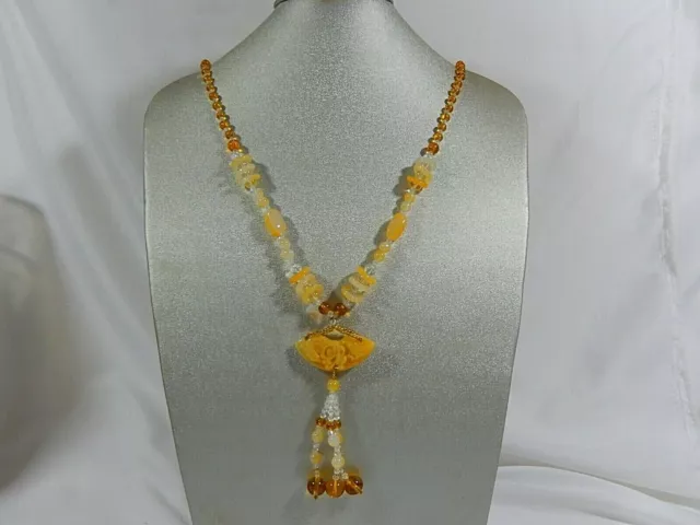Vtg Carved Yellow Jade Bird Serpent Amulet Agate & Crystal 30" Dangles Necklace