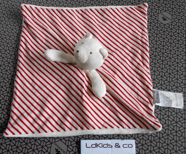 DOUDOU PELUCHE MOULIN ROTY OURS PLAT BLANC RAYE ROUGE LINVOSGES 26 cm D1488
