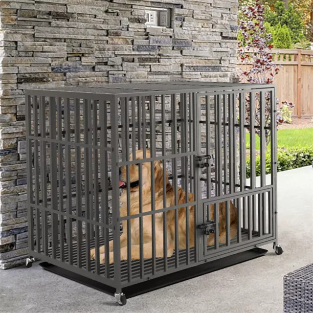 XXL Heavy Duty Pet Dog Cage Strong Metal Crate Kennel Playpen with Wheels &Tray