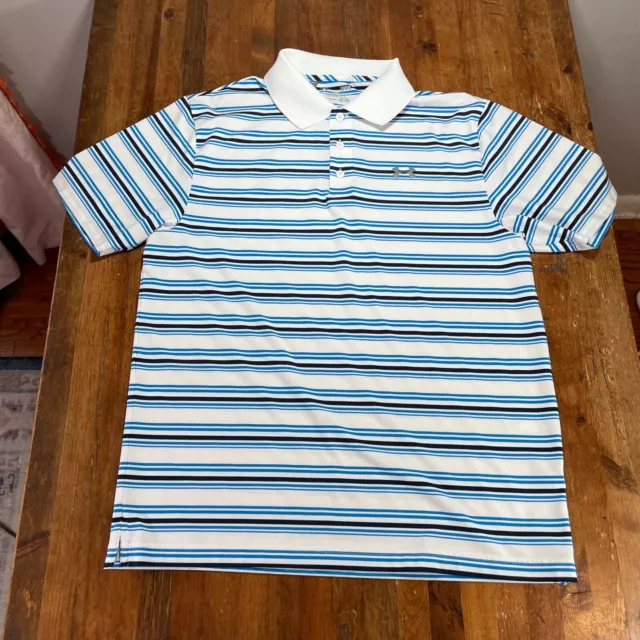 Under Armour Polo Shirt Mens Large Blue Striped HeatGear Casual Golf Rugby