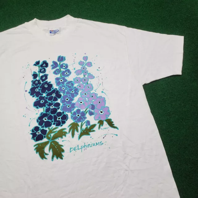 Vintage Flower Shirt Mens XL White Delphiniums Graphic Art 90s Single Stitch Tee