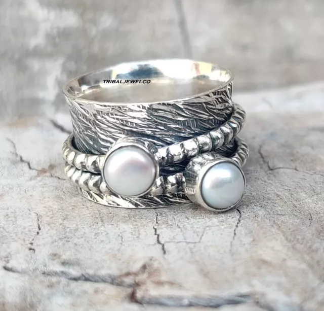 925 Sterling Silver Pearl Spinner Ring Handmade Ring Gemstone Ring Gift For her