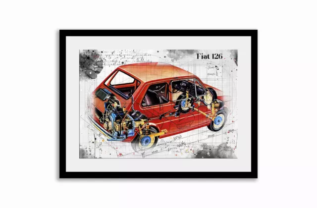 Line Tech Drawing  Fiat 126    Auto Car Classic Cutaway Art Poster Print 3