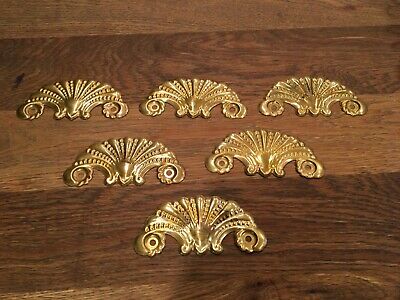VTG Set of (6) Ornate Stamped Brass BEADED SCROLL FAN Drawer Backplates 2