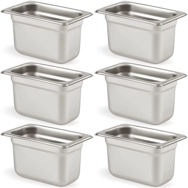 6 Pack Anti-Jam Hotel Pans, 1/9 Size 4 Inch Deep, NSF Commercial 18/8 Stainless