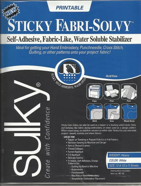 Sulky Sticky Fabri-Solvy - Self-Adhesive - 12 sheets 8.5" x 11" - Printable