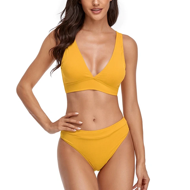 Two Piece V Neck Quick Dry Lightweight Stretchy Solid Color Bathing Suit For Spa