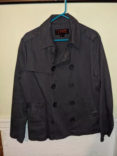 Vintage TRIPP NYC Men Grey Military Pea Coat Goth Punk Emo Jacket Medium