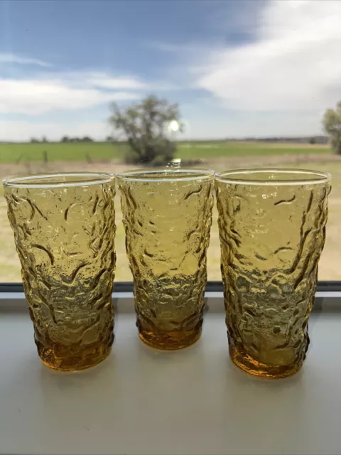 3 Vintage Anchor Hocking Amber Lido Milano Crinkle Tumblers Glasses 5 1/2" Tall