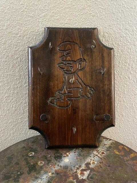 Vintage 70s Wooden Wood Carved Smurf Wall Hanging Key Coat Holder Retro