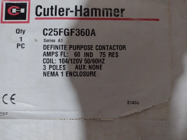 EATON C25FGF360A 120VAC Non-Reversing Definite Purpose Contactor 3P 60A