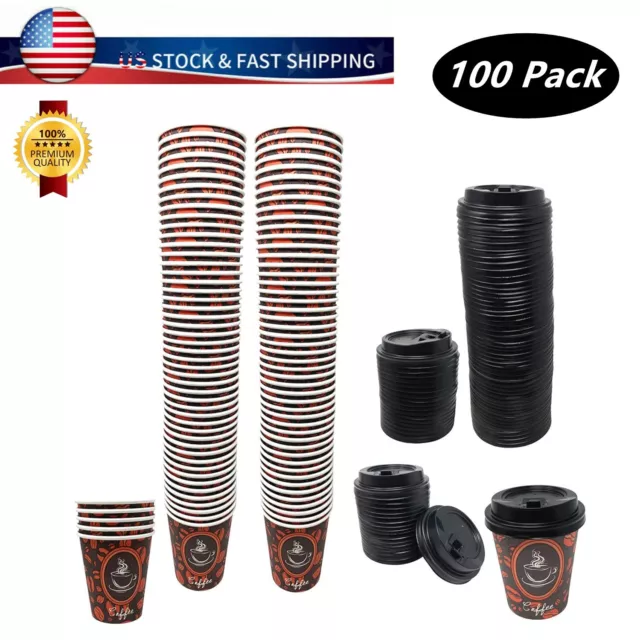 100 Pack Quality Disposable Paper Hot Coffee Tea Cups with Lids- 8oz  USA SELLER