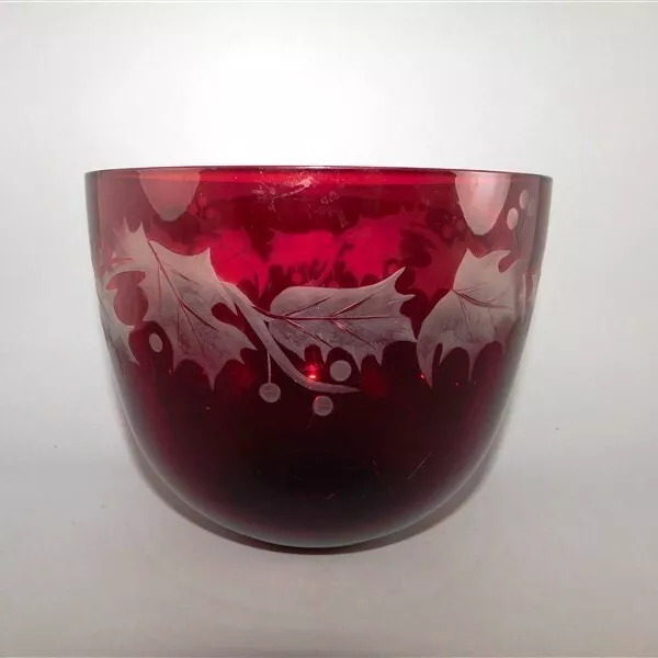 612/46 Vintage Teleflora Gifts Cut To Clear Etched Holly Ruby Red Glass Vase -