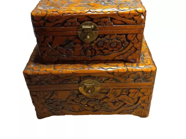 Set Of Vintage Carved Wooden Jewelry Trinket Keepsake Box's Flowers & Birds