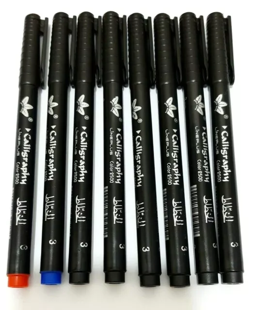 8 x LETTERING PENS, CHISELLED NIB CALLIGRAPHY PENS-- 3mm Tip 6Black +1 Blue 1RED