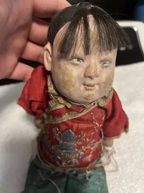 Antique 7" Chinese Paper Mache Doll Embroidered Clothing With Box