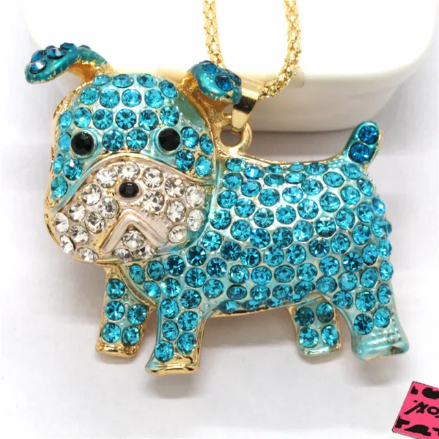 New Fashion Women Blue Bling Crystal Animal Puppy Dog Sweater Chain Necklace