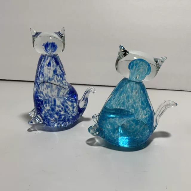 2 Whimsical Art Glass Blue Cat Figurines Blown Glass Paper Weights Collectibles