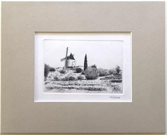 GRAVURE A L'EAU FORTE : MOULIN DE DAUDET, FONTVIEILLE. 1/ 150 numéroté. PROVENCE