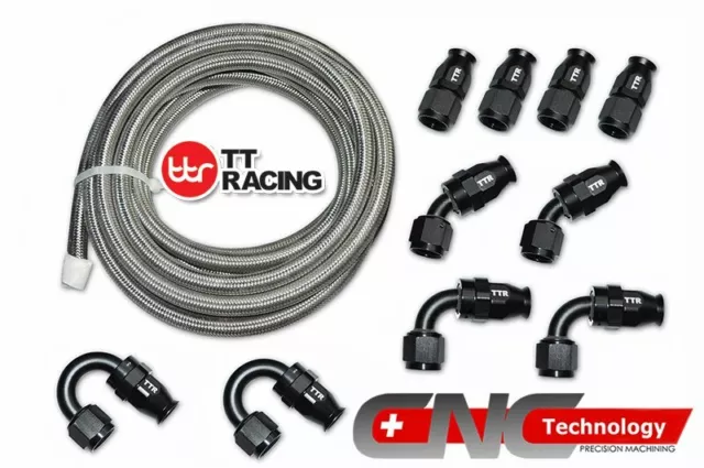 8-AN AN8 Braided Steel PTFE Fuel Hose Black 20FT 6M + Swivel Teflon Fitting Kit