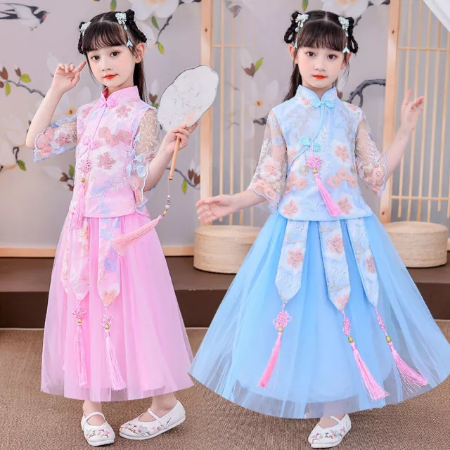 Bambini Cinese Hanfu Ttang Abito Due Pezzi Set Top E Gonne Nappa Ricamo Set 3