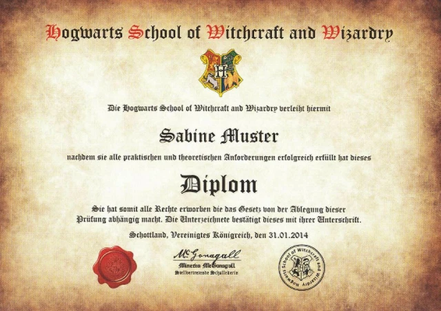 DEIN HARRY POTTER Hogwart Schul Diplom, Zeugnis, Urkunde