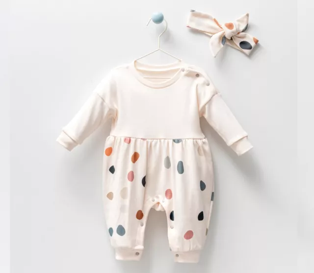 Neugeborenes Baby Mädchen Langärmliger Strampler  Jumpsuit Punkte mit Strinband