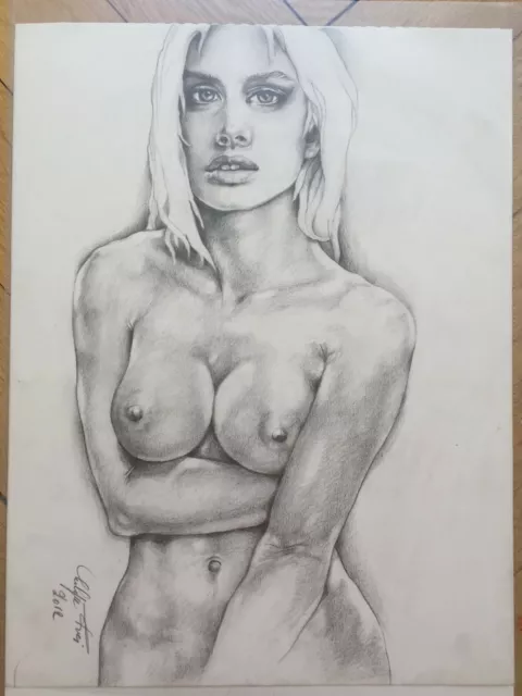 Zeichnung DIN A3, Portrait Gemälde Original Signiert, Frau Akt nude b/w sexy 