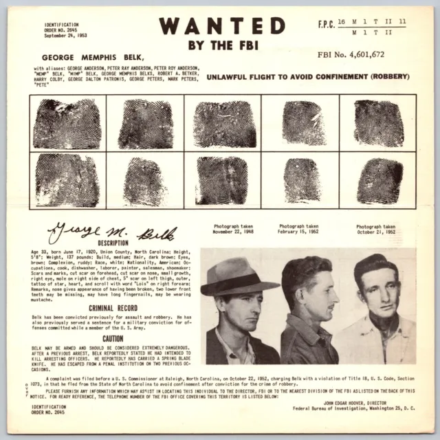 1952 FBI WANTED Poster - Charles Edward Wilmink - Bank Robbery -Union ...