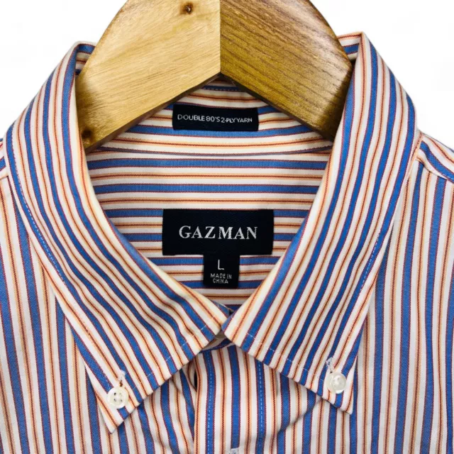 GAZMAN Long Sleeve Button Up Shirt Mens size L Orange/Blue/White striped Cotton